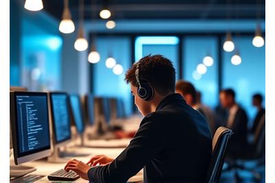 개방형 오피스에서 노이즈 캔슬링 헤드폰을 착용하고 집중하는 직원들